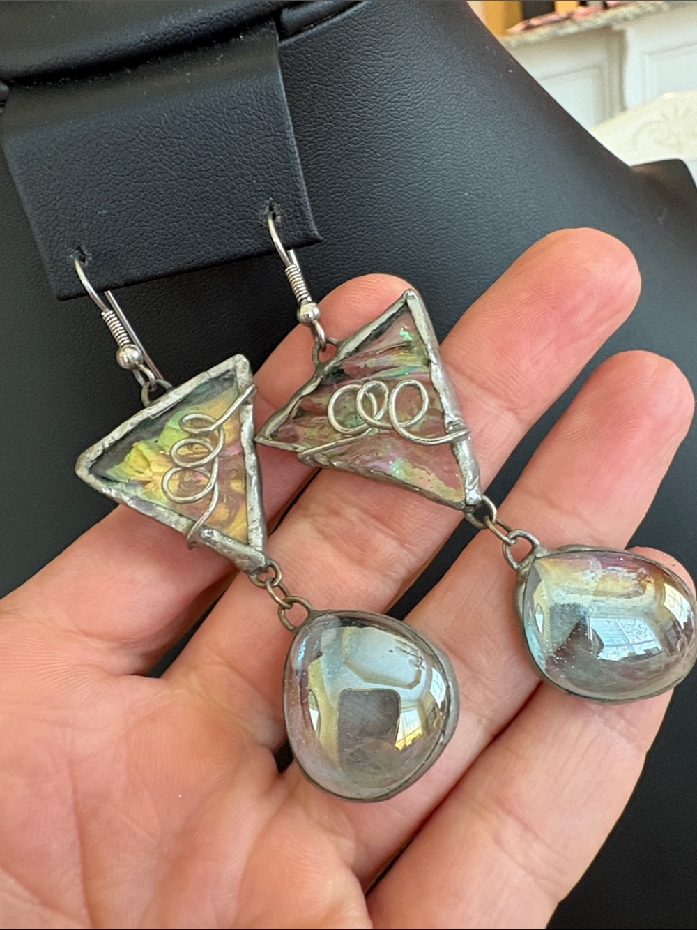 Artisan Handmade Dichroic Glass Iridescent Stained Glass Dangle Earrings OOAK - Picture 4 of 9
